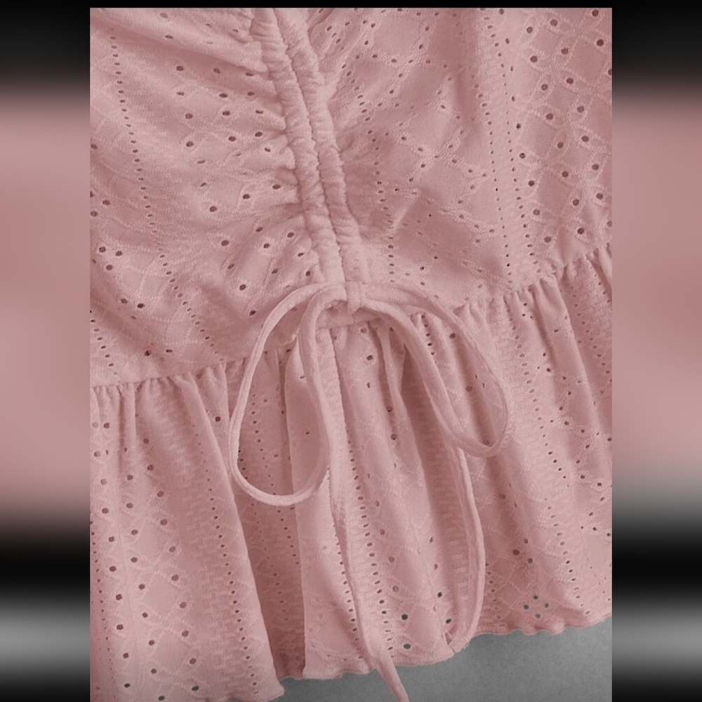 Women Butterfly Sleeve Lettuce Trim Peplum Dusty Pink Boho Crop Top Size Small - Picture 3 of 11